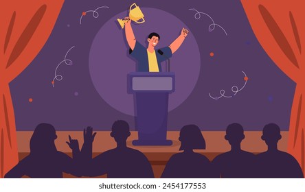 Man with award on stage. Young guy with golden cup standing at scene at tribune. Winner at competition and tournament with reward between audience. Cartoon flat vector illustration