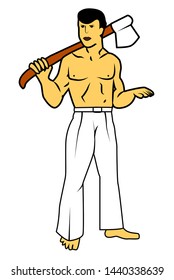 man with axe flat illustration. Primitive ancient male cartoon character. man with hunting, working tool isolated design element.