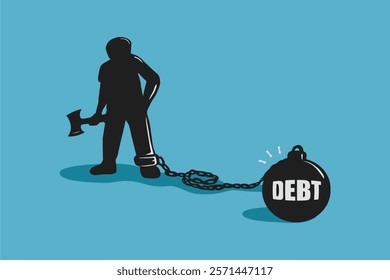 The man with the axe is ready to cut the chain of the heavy metal ball. The concept of free from debt.