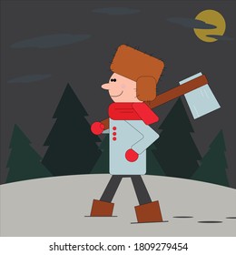 A man with an axe and in winter clothes goes for a Christmas tree in the forest