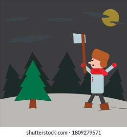 A man with an axe and in winter clothes goes for a Christmas tree in the forest