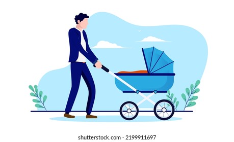 Man with baby carriage - Vector character walking with little boys pram outdoors. Flat design vector illustration with white background