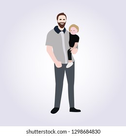 Man with baby. Happy guy in suit taking son. Father came back home after work and take children at hands. Vector illustration in flat style.