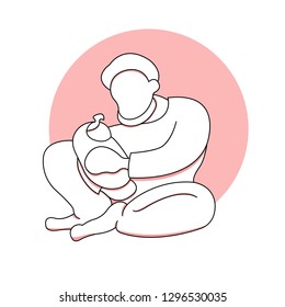A man with a baby in his arms is looking at him. Father and child in flat style. Silhouettes without faces on a white and coral background. Vector illustration.