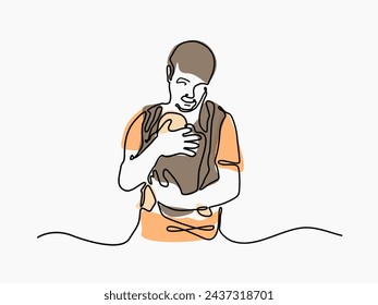 Man with a baby in a sling continuous one lineart.Babywearing father concept. Vector illustration