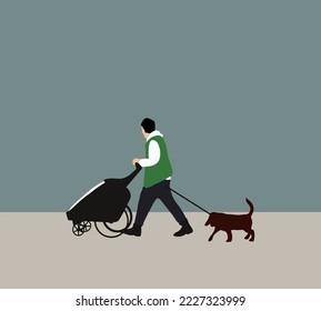 Man with baby stroller and dog walking on street during a nice weather. Father's day. Happy family concept.