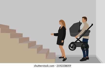 Man with a baby stroller in his hands and woman are standing in front of the stairs