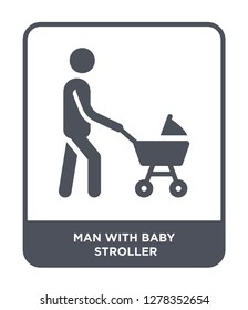 man with baby stroller icon vector on white background, man with baby stroller trendy filled icons from Behavior collection, man with baby stroller vector illustration