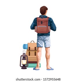 man back with camping backpacks and lantern icon over white background, vector illustration