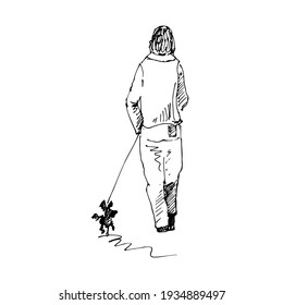 A man from the back with a dog. Sketch, vector linear drawing.