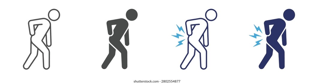 Man with back pain icon set showing lower backache symptom in outline solid and color style vector illustration
