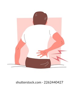 Un hombre con dolor de espalda se sienta en una cama. Síntoma de la enfermedad. Atención y salud del cuerpo. Ilustración vectorial plana aislada en fondo blanco