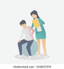 Man with back pain symptoms,Backache from working,Visit doctor for check at hospital,Doctor consulting with patient about back problem,Physical therapy concept,Vector illustration.