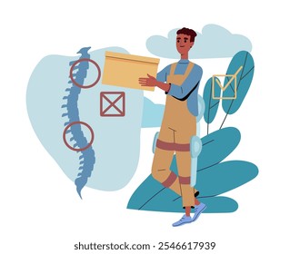 Hombre con problemas de espalda. Joven en uniforme con caja de cartón cerca de la estructura de la columna vertebral. Cargador con problemas de postura. Síntoma y dolor. Ilustración vectorial plana aislada sobre fondo blanco