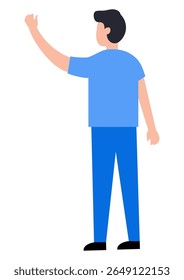 Man from back waving hand or greeting someone showing communication concept. Simple character illustration for presentation or website design.