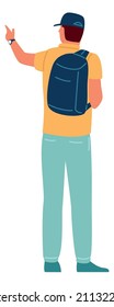 Man with backpack back view. Guy pointing direction
