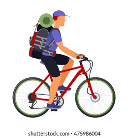 A man with a backpack and a baseball cap, traveling by bicycle. Traveling. Vector flat Illustration. Isolated on a white background
