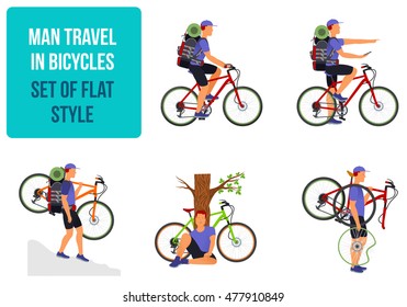 A man with a backpack and a baseball cap, traveling by bicycle. Vector flat Illustration. Web banners, advertisements, brochures, business templates. Isolated on a white background