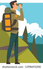 Man with Backpack and Binoculars in Summer Mountain Landscape, Outdoor Activity, Travel, Camping, Backpacking Trip or Expedition Vector Illustration