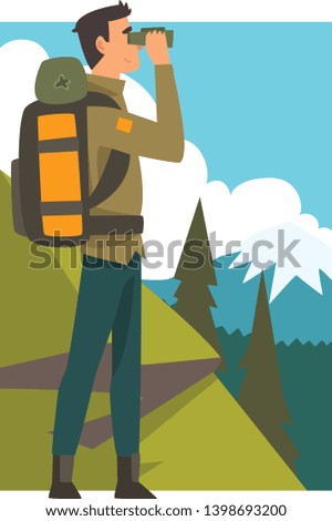Man with Backpack and Binoculars in Summer Mountain Landscape, Outdoor Activity, Travel, Camping, Backpacking Trip or Expedition Vector Illustration