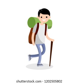 A man with a backpack and a cane went camping. Traveler with Luggage. Outdoor activities.

