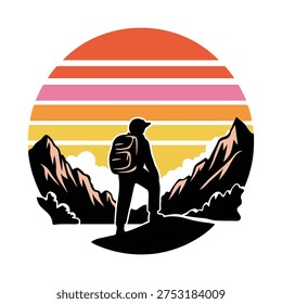 Man with backpack and cap stands on a cliff looking at sunset behind mountains with clouds