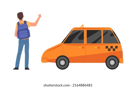 Hombre con mochila atrapando caricatura de taxi ilustración vectorial