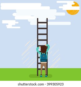 Man in a backpack climbs to the sky on stairs. A hipster in a backpack. A contemporary style. Ladder. Vector. business success concept cartoon vector illustration. Tourist backpack is back.
