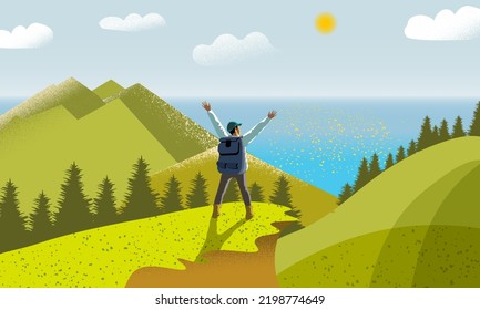 A man with a backpack climbs to the top of the mountain, looks into the distance at the sea is on the horizon. Illustration with the concept of adventure, diving, adventure tourism and travel.