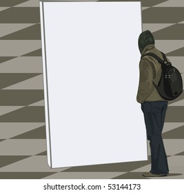 man with backpack contemplating an advertisement billboard