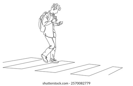 Man with backpack crossing street using pedestrian zebra crosswalk. Using phone holding drink. Continuous line drawing. Black vector in line art style