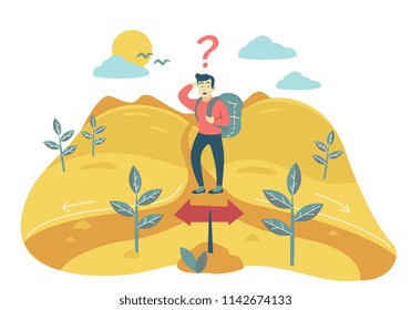 man with backpack at crossroads. can't choose where to go. two different ways. acceptance decisions Flat style vector concept illustration.