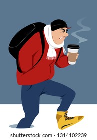 Man with a backpack and a cup of coffee to-go walking in deep snow, EPS 8 vector illustration