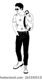 man with backpack in daisy flower pattern shirt black and white vector illustration