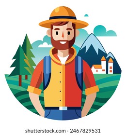 A man with a backpack in a field with mountains in the background
