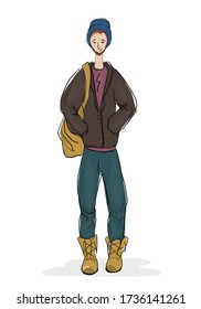 The man with the backpack. Flat style character of the young man. Isolated illustration
