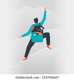 A man with a backpack full of books climbs the mountain. Vector illustration.