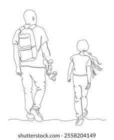 Man with backpack and girl walking away. Father holding skateboard. Continuous line drawing. Black and white vector in line art style.