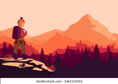 Man with backpack and go pro, traveller or explorer standing on top of mountain and photo the gradient land. Concept of discovery, exploration, hiking, adventure tourism and travel. 