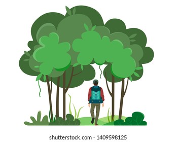A man with a backpack goes to the forest. Man active recreation. Vector illustration on white background.