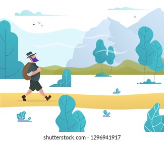 man with a backpack goes hiking in the woods and mountains. vector illustration on the theme of Climbing, Trekking, Hiking, Walking. Sports, outdoor recreation, adventures in nature, vacation.