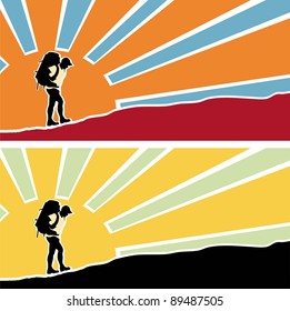 Man with a backpack going up the hill. Rising sun with rays  in the background. Vector. Separate layers