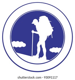 Man with a backpack going up the hill.  Tourist emblem. Vector illustration