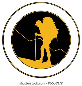 Man with a backpack going up the hill.  Tourist emblem. Vector illustration