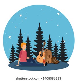 man with backpack and guitar with nature pines trees