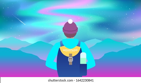 Man with backpack in a hat, with a thermos, traveller or explorer standing, looks at Northern Lights. Concept of discovery, exploration, hiking, adventure tourism and travel. Flat vector illustration