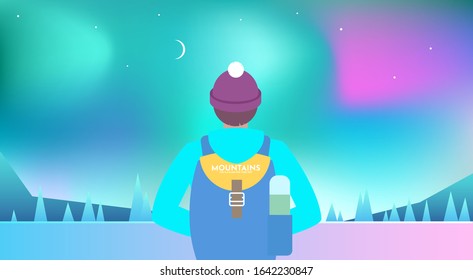 Man with backpack in a hat, with a thermos, traveller or explorer standing, looks at Northern Lights. Concept of discovery, exploration, hiking, adventure tourism and travel. Flat vector illustration.