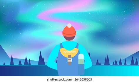 Man with backpack in a hat, with a thermos, traveller or explorer standing, looks at Northern Lights. Concept of discovery, exploration, hiking, adventure tourism and travel. Flat vector illustration.