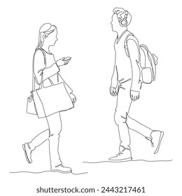 Man with backpack and headset and woman with shopping bag walking on city street. Woman using phone on the go. Continuous line drawing. Black and white vector in line art style.