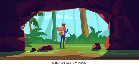 Man with backpack hiking around stone cave in the woods, flat vector illustration. Tourist exploring forest, grotto and rocky caves. Concepts of adventure, traveling and discovery.